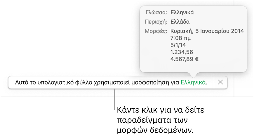 Η γνωστοποίηση διαφορετικής ρύθμισης γλώσσας και περιοχής, δείχνοντας παραδείγματα της μορφοποίησης στη συγκεκριμένη γλώσσα και περιοχή.