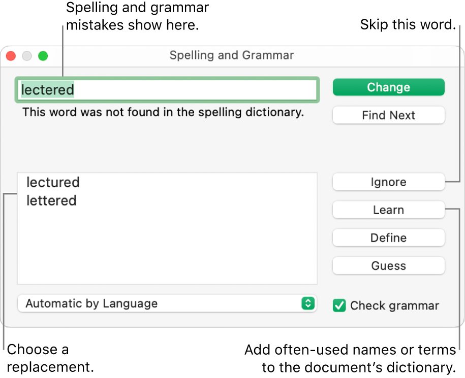 The Spelling and Grammar window.