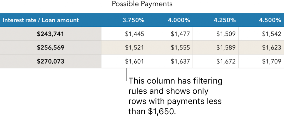 A mortgage table shown after filtering for affordable interest rates.