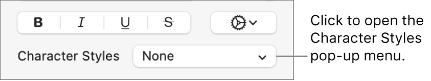 The Character Styles pop-up menu below controls for changing the text style and color.