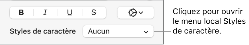 Menu local Styles de caractère au-dessous des commandes de modification du style et de la couleur du texte.
