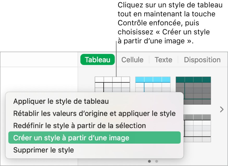 Le menu contextuel Style de tableau.