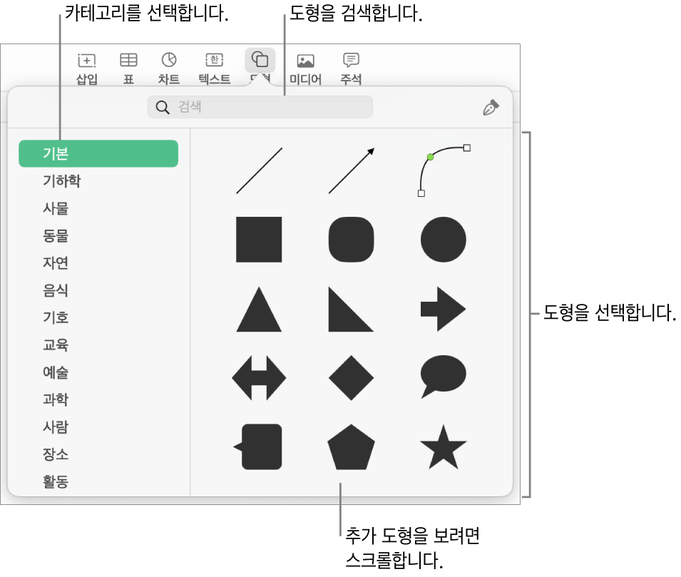 왼쪽에 카테고리 목록이 있고 오른쪽에 도형들이 표시된 도형 라이브러리. 상단 검색 필드를 사용하여 도형을 찾고 스크롤하여 더 많은 도형을 볼 수 있습니다.