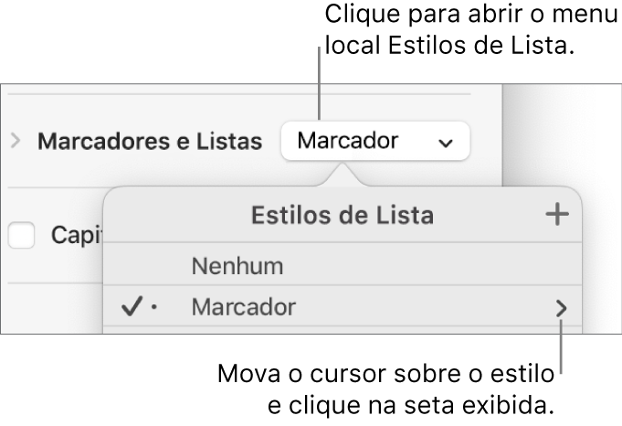 O menu local Estilos de Lista com um estilo selecionado e uma seta em sua extrema direta.