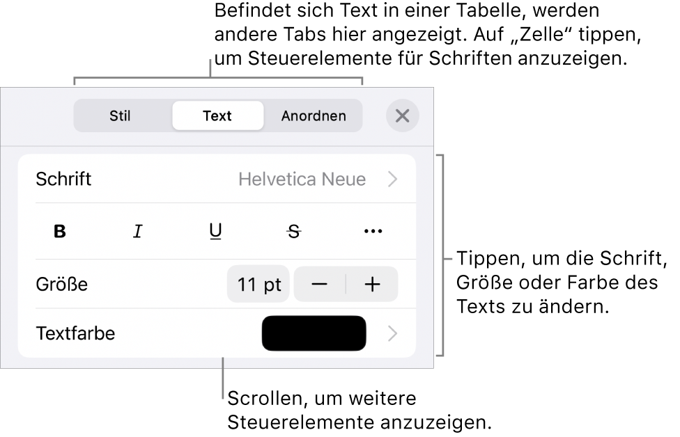 Textsteuerelemente im Menü „Format“ zum Festlegen von Absatz- und Zeichenstilen, Schrift, Größe und Farbe