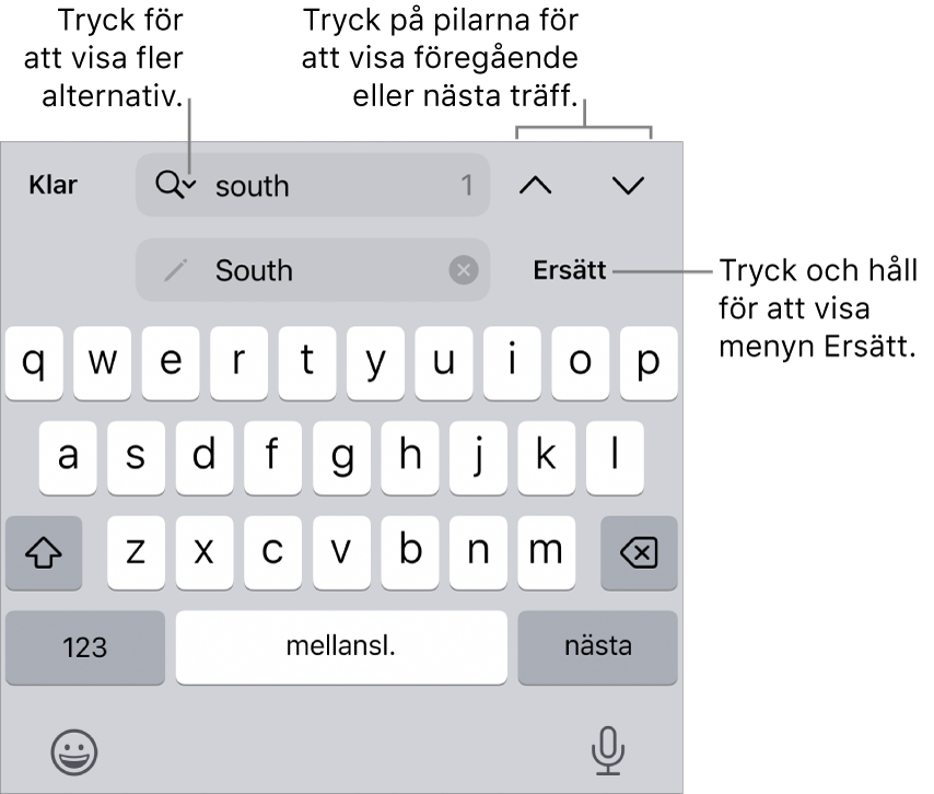 Reglagen för Sök och ersätt ovanför tangentbordet med linjer till knapparna Sökalternativ och Ersätt samt uppåt- och nedåtknapparna.