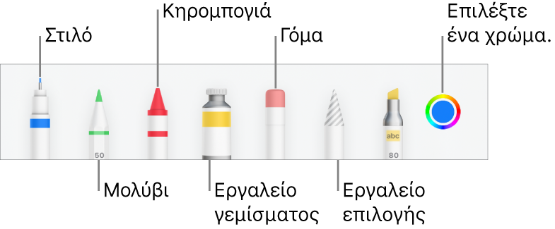 Η γραμμή εργαλείων σχεδίασης στο Pages σε iPhone με στιλό, μολύβι, κηρομπογιά, εργαλείο γεμίσματος, γόμα, εργαλείο επιλογής και μια παλέτα χρωμάτων όπου εμφανίζεται το τρέχον χρώμα.