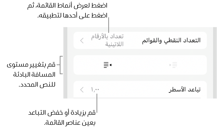 قسم التعداد النقطي والقوائم في عناصر التحكم في التنسيق مع وسائل شرح للتعداد النقطي والقوائم وزرا مسافة بادئة يسار ومسافة بادئة يمين وعناصر التحكم في تباعد الأسطر.