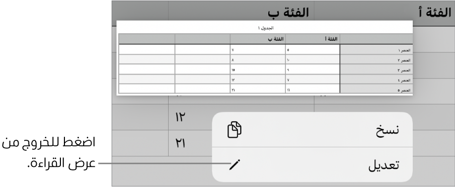 خلية جدول محددة، وتوجد فوقها قائمة تحتوي على الزرين نسخ وتحرير.