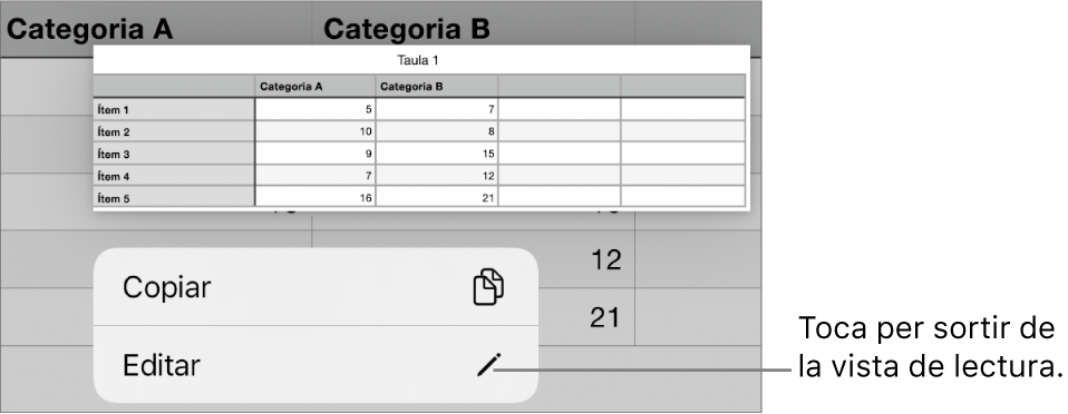 Se selecciona una cel·la de taula i a sobre s’hi pot veure un menú amb els botons Copiar i Editar.