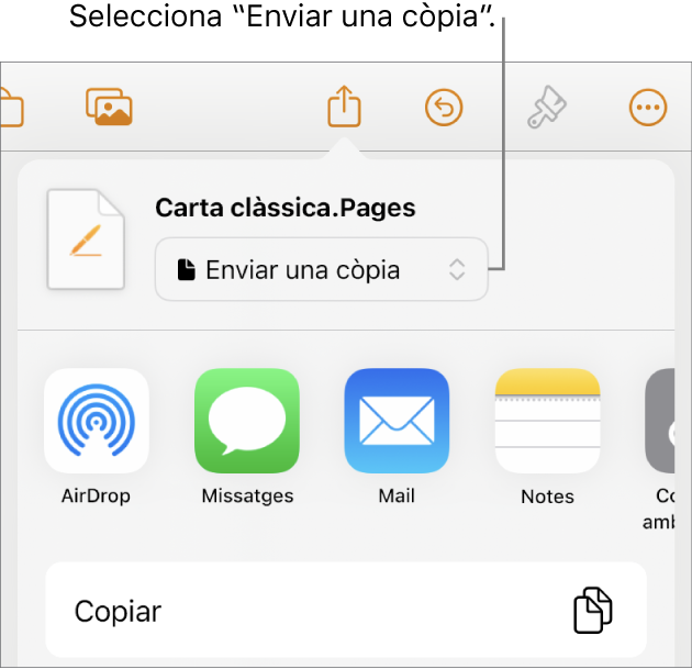 Menú “Compartir” amb l’opció “Enviar una còpia” seleccionada a la part superior.