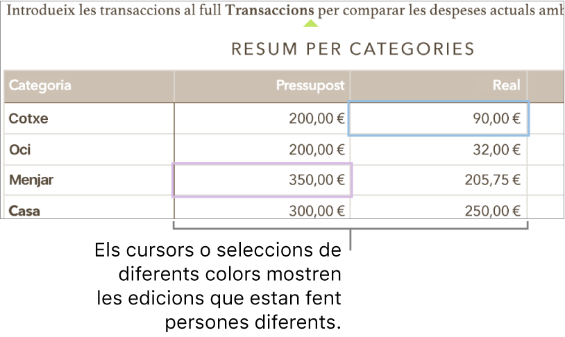 Els cursors i les seleccions en colors diferents mostren què estan editant les altres persones.