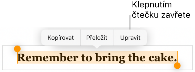 Je vidět vybraná věta; nad ní se nachází místní nabídka s tlačítky Kopírovat a Upravit