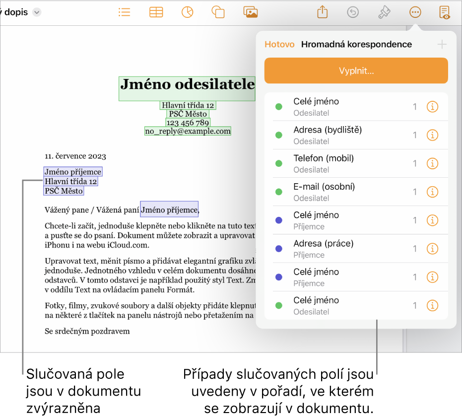 Dokument Pages s poli hromadné korespondence pro příjemce a odesílatele; na bočním panelu Dokument je vidět seznam instancí polí hromadné korespondence