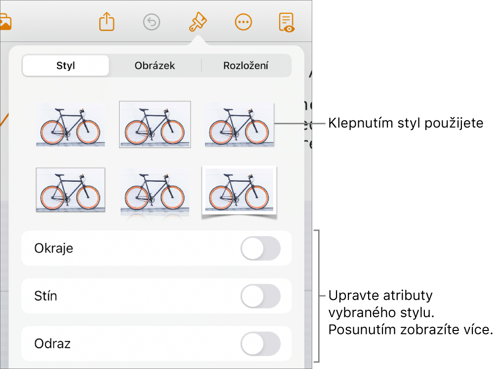 Panel Styl v nabídce Formát se styly objektů u horního okraje. Pod nimi jsou ovládací prvky pro ohraničení, stín, odraz a neprůhlednost.