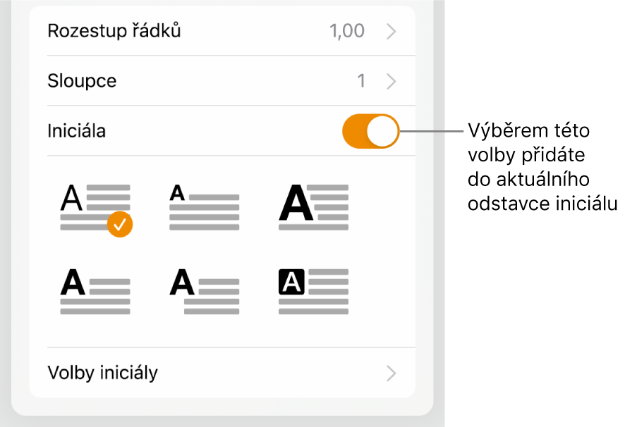 Ovládací prvky pro volbu Iniciála v nabídce Text