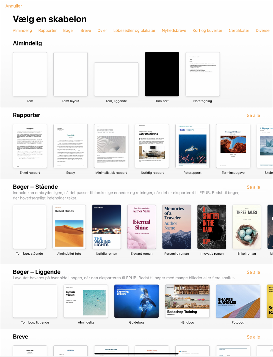 Skabelonvælgeren, der viser en række kategorier langs toppen, som du kan trykke på for at filtrere mulighederne. Derunder vises miniaturer af færdige skabeloner opstillet i rækker efter kategori med Seneste øverst efterfulgt af Almindelig og Rapporter. Knappen Se alle vises ovenover og til højre for hver kategorirække. Knappen Sprog & område ses i øverste højre hjørne.
