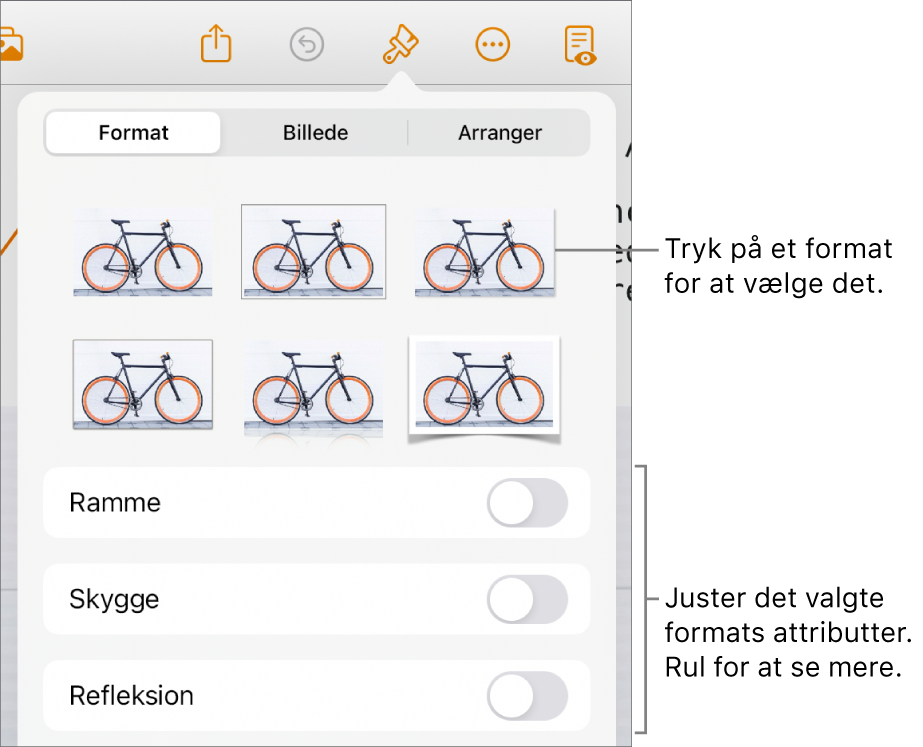 Fanen Format til menuen Format med objektformater øverst og derunder betjeningsmuligheder til ændring af ramme, skygge, refleksion og opacitet.