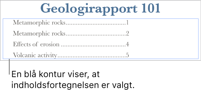 En indholdsfortegnelse i et dokument. Punkter, der viser overskrifter og sidetal.