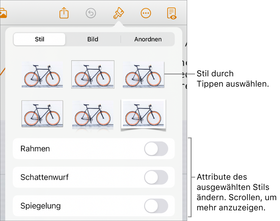 Der Tab „Stil“ des Menüs „Format“ mit Objektstilen oben und Steuerelementen zum Ändern des Rahmens, des Schattens, der Reflexion und der Deckkraft darunter.