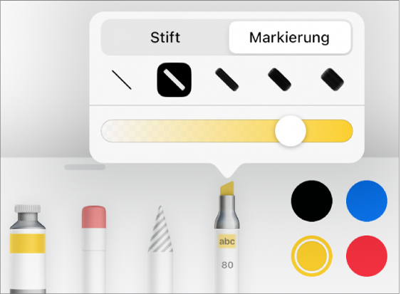 Das Werkzeug für intelligente Anmerkungen mit den Tasten für das Stift- und Markerwerkzeug, den Optionen für die Linienstärke und dem Schieberegler „Deckkraft“.