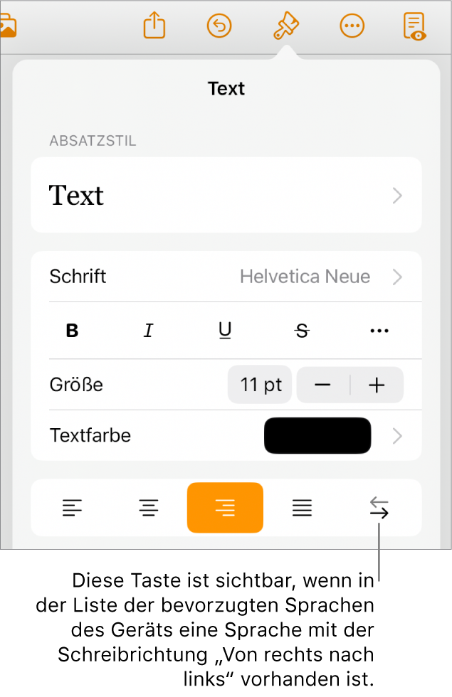 Die Textsteuerelemente im Menü „Format“ mit einer Beschreibung der Taste „Von rechts nach links“