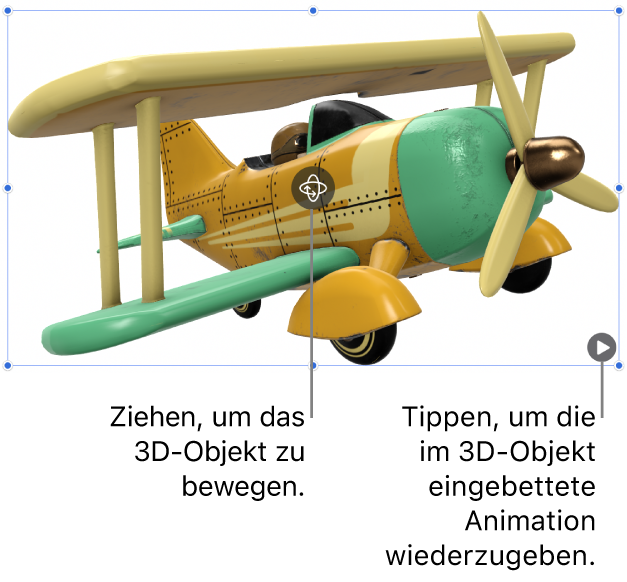 Ein 3D-Objekt mit der Taste „Drehen“ in der Mitte des Objekts und der Wiedergabetaste in der rechten unteren Ecke