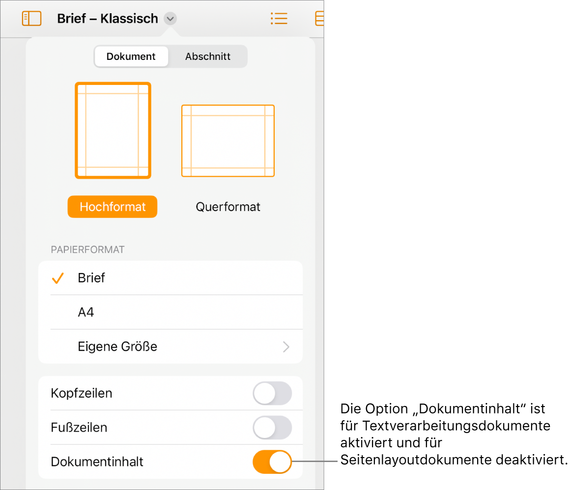 Die Steuerelemente für das Dokumentformat mit aktivierter Option „Dokumentinhalt“ unten auf dem Bildschirm.