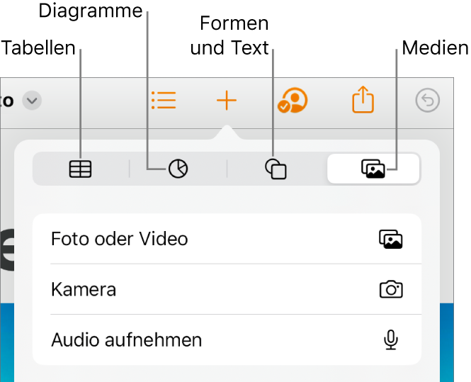 Die Steuerelemente „Einfügen“ mit Tasten zum Hinzufügen von Tabellen, Diagrammen, Text, Formen und Medien oben