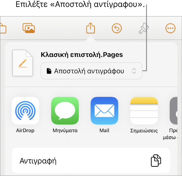 Το μενού «Κοινή χρήση» με επιλεγμένη την «Αποστολή αντιγράφου» στο πάνω μέρος.