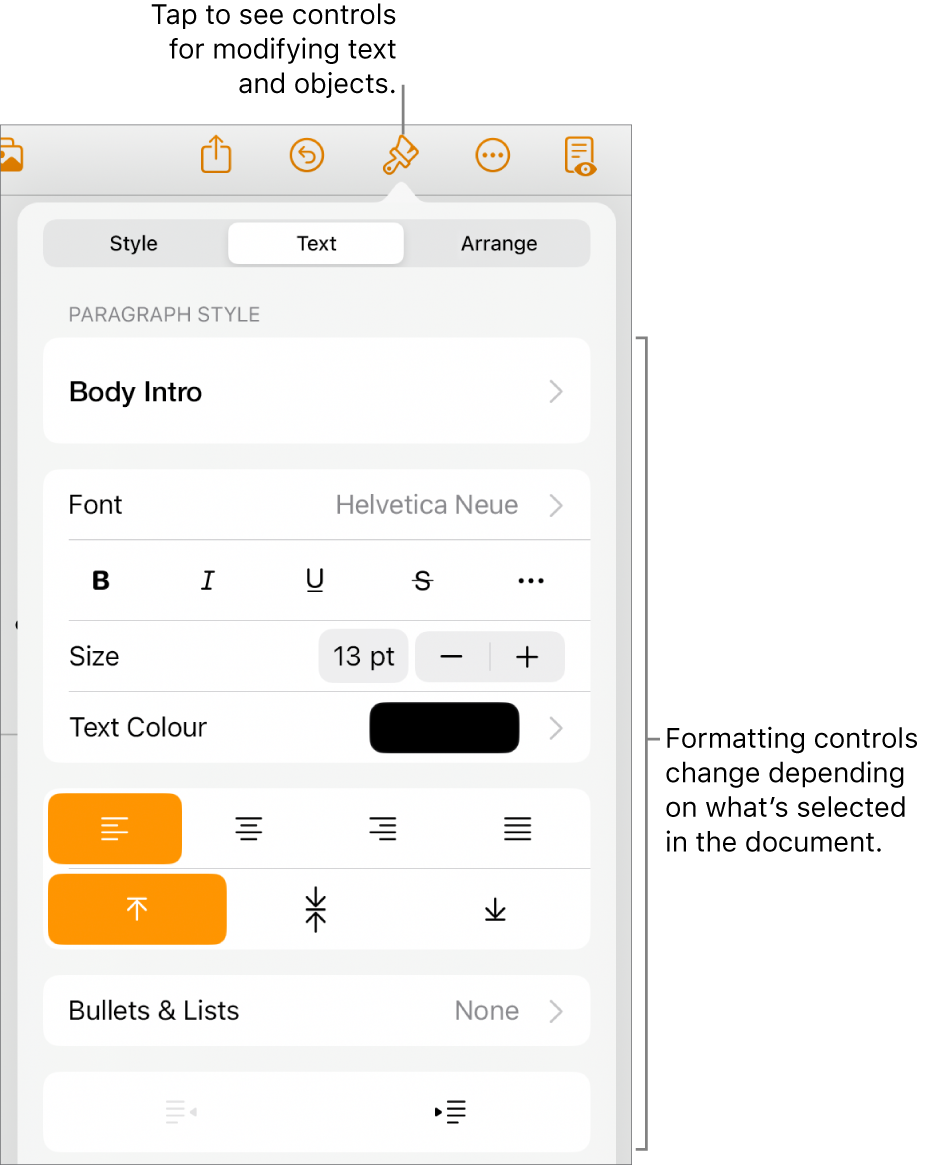 The Format controls open and showing controls to change paragraph style, modify fonts and format font spacing. Callouts at the top point out the Format button in the toolbar and to its right, the Insert button to add objects to the page.