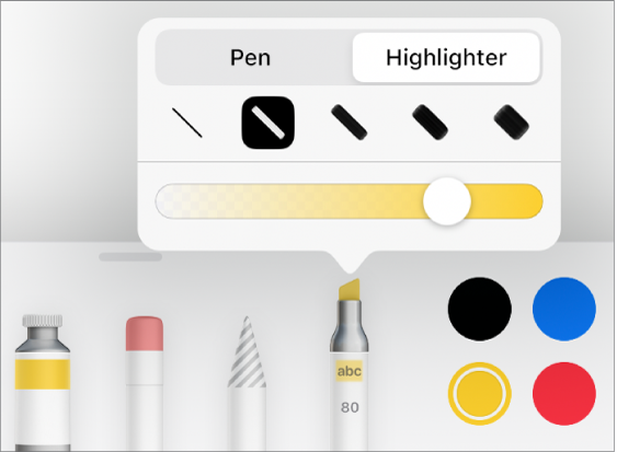 The Smart Annotation tool menu with pen and highlighter buttons, line width options and the opacity slider.