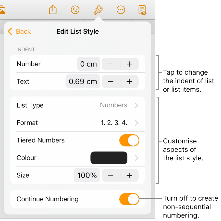 Edit List Style menu with controls for indent spacing, list type and format, tiered numbers, list colour and size, and continued numbering.