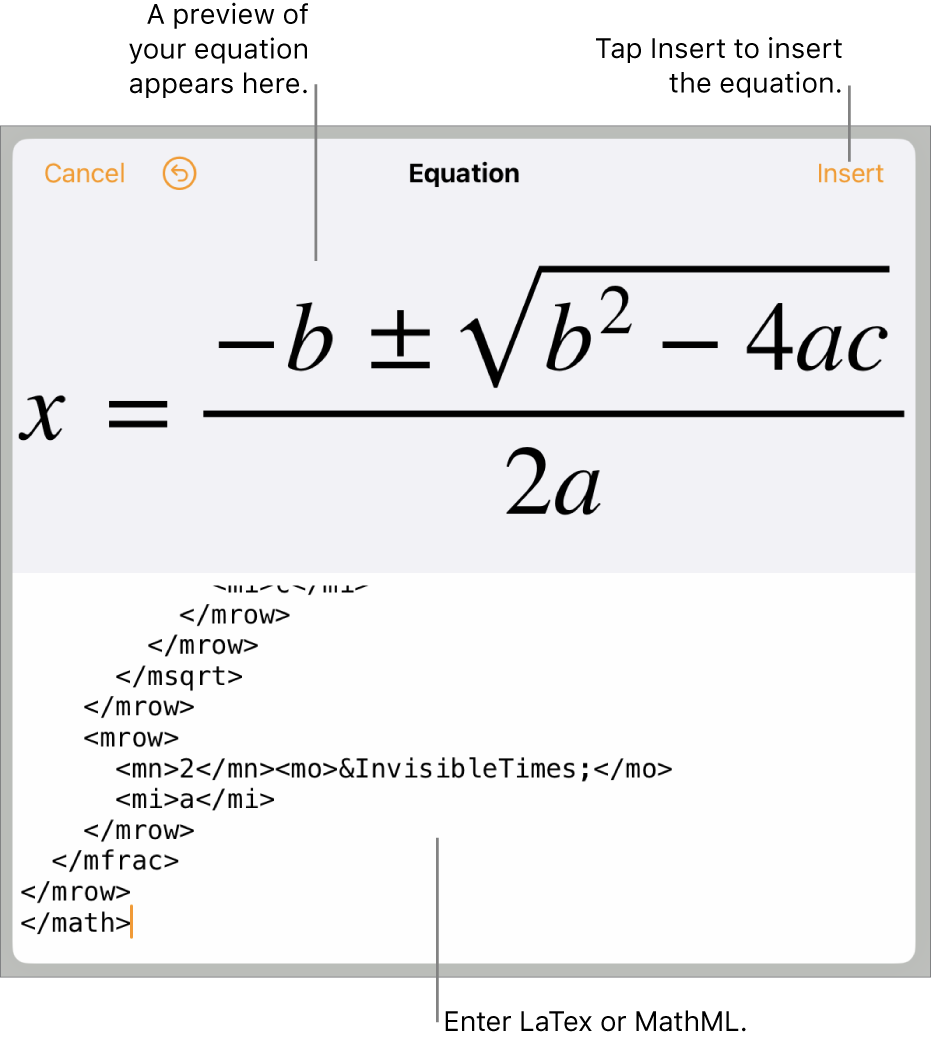 The Equation dialog, showing an equation written using MathML commands, and a preview of the formula above.