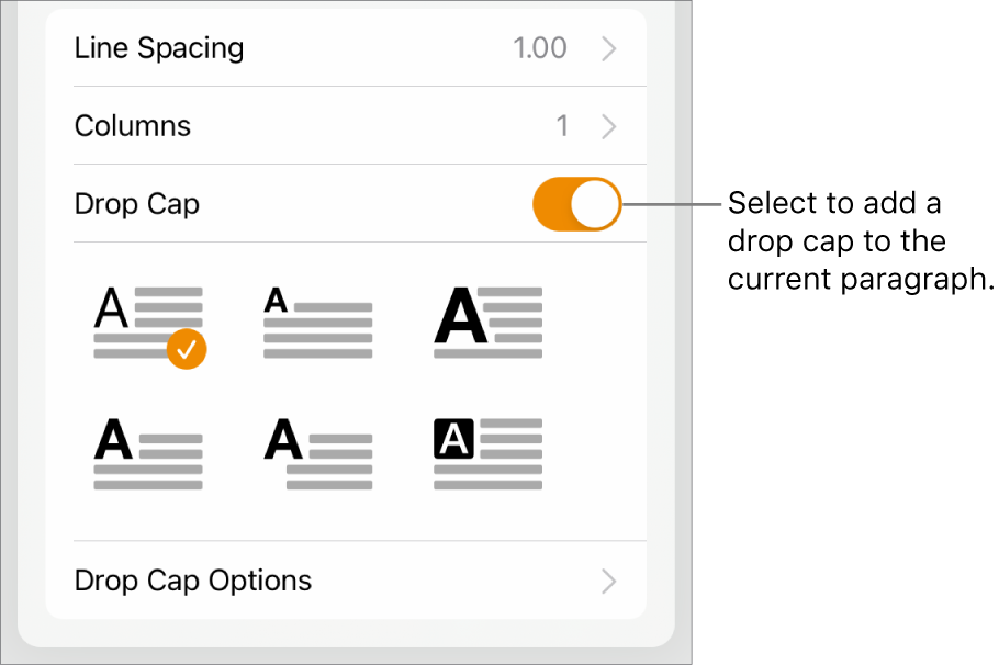 The Drop Cap controls located in the Text menu.