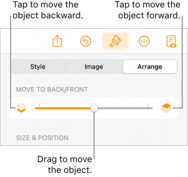 The Move Backward button, the Move Forward button, and the layering slider.