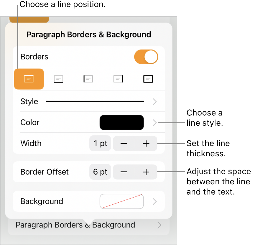 Controls to change the line style, thickness, position, and color.