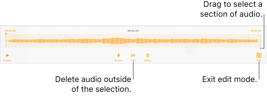 Controls for editing recorded audio. Handles indicate the selected section of the recording, and Preview, Record, Trim, Delete, and Edit Mode buttons are below.