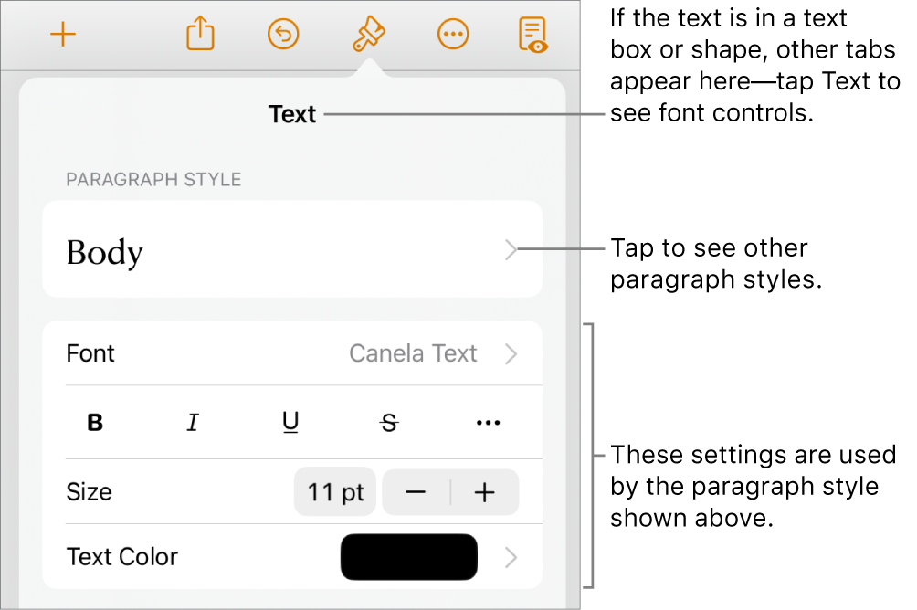 The Format menu showing text controls for setting paragraph and character styles, font, size, and color.