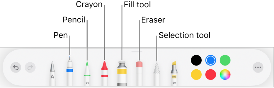 The drawing toolbar in Pages on iPad with a pen, pencil, crayon, fill tool, eraser, selection tool, and color well showing the current color.