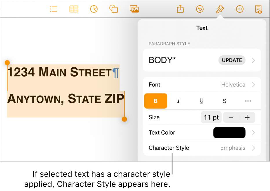 The Text formatting controls with Character Style below the Text Color controls.