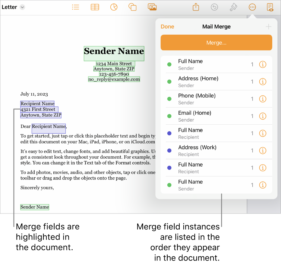 Pages document with recipient and sender merge fields, and the merge field instances list visible in the Document sidebar.