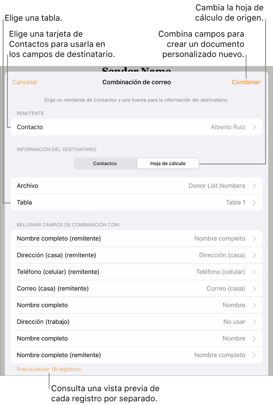 Panel Combinación de correo abierto, con opciones para elegir la información del remitente, cambiar el archivo o la tabla de origen, previsualizar los nombres de los campos de combinación o los registros individuales, o combinar el documento.