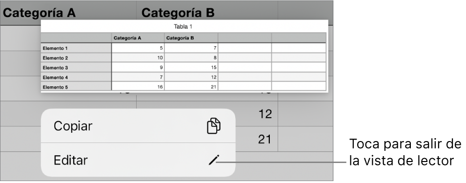 Se selecciona una celda de tabla y arriba hay un menú con los botones Copiar y Editar.