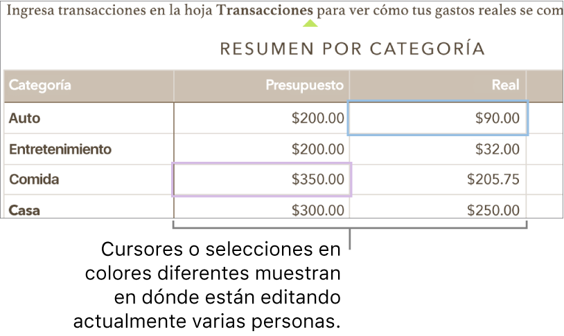 Los cursores y las selecciones de colores diferentes muestran dónde están editando las otras personas.