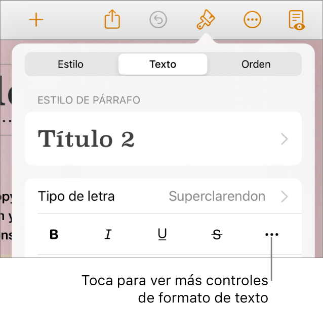 La pestaña Texto de los controles de formato, con un mensaje en el botón Más opciones de texto.