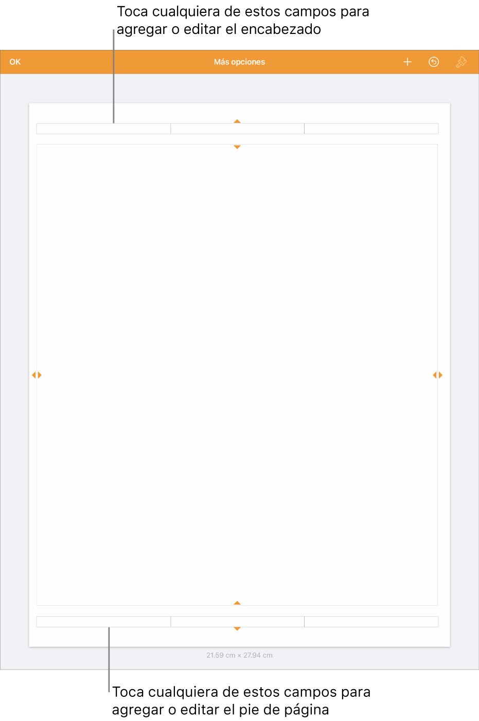 La visualización Más opciones con tres campos en la parte superior del documento para los encabezados y con tres campos en la parte inferior para los pies.