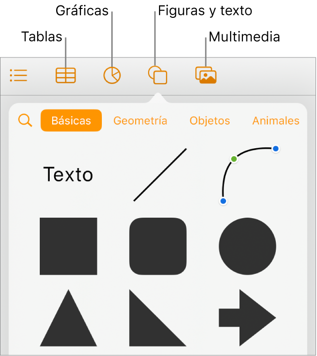 Los botones de objetos en la parte superior del menú Insertar objeto.