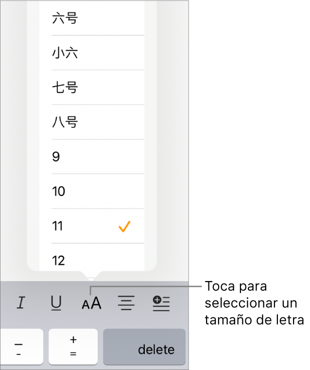 El botón Tamaño de letra del lado derecho del teclado del iPad con el menú Tamaño de letra abierto. Los tamaños de letra estándar del gobierno chino aparecen al principio del menú, arriba de los tamaños de punto.