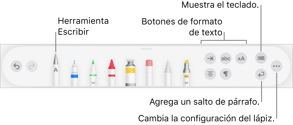 La barra de herramientas de escritura, dibujo y anotación con la herramienta Escribir en el lado izquierdo. A la derecha hay botones para aplicar formato a texto, mostrar el teclado, agregar un salto de párrafo y abrir el menú Más.